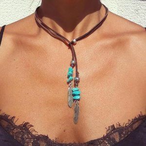 Boho Vintage Turquoise Pendant Choker, Bohemian, Leather Necklace